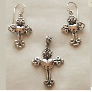 Sterling Silver Heart Cross Pendant Earring Set